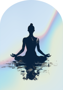 Silhouette of a person meditating above water with pastel light reflections, framed in a rounded arch shape.