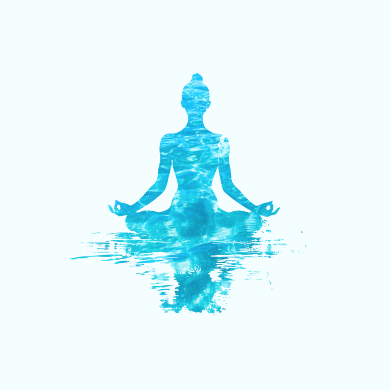 Silhouette of a meditating person in lotus pose with a water texture overlay on a pale aqua background