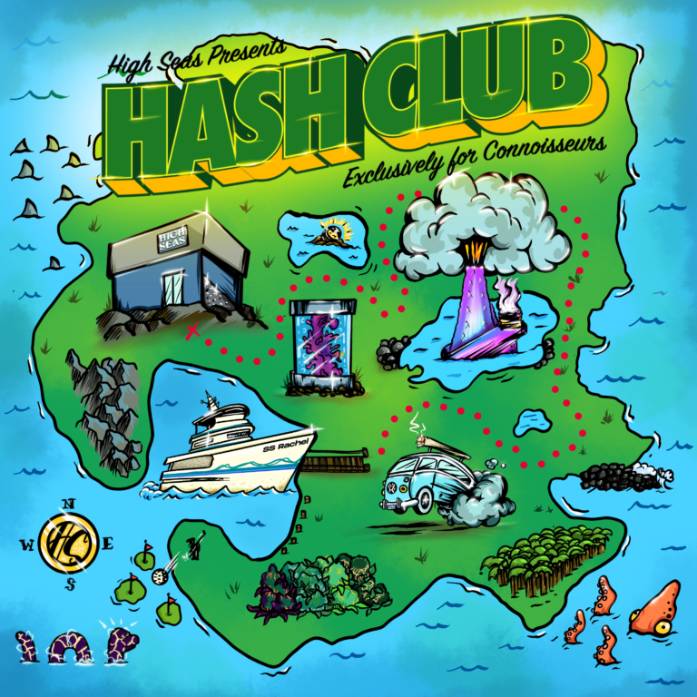 Colorful illustrated map titled 'Hash Club' featuring cartoon cannabis-themed landmarks like a dispensary, jar of concentrates, joint volcano, and cruise ship.
