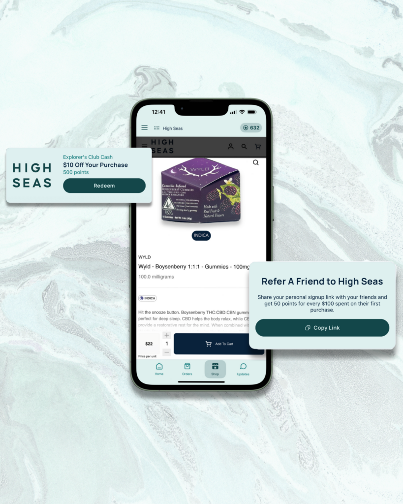 A cell phone showing the shopping page of the High Seas app and app feature highlights