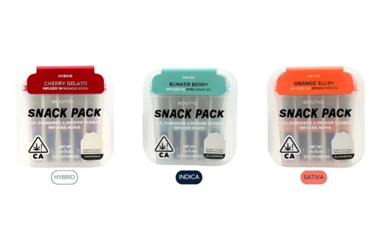 Three Boutiq Snack Pack infused mini preroll packs labeled hybrid, indica, and sativa