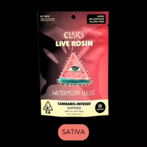 CLSICS Live Rosin Watermelon Haze cannabis-infused gummies package labeled sativa