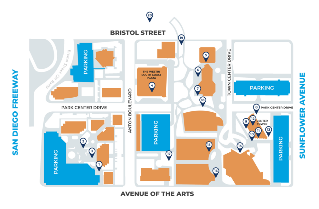 Map of the Costa Mesa self-guided art walk with numbered stops and parking areas