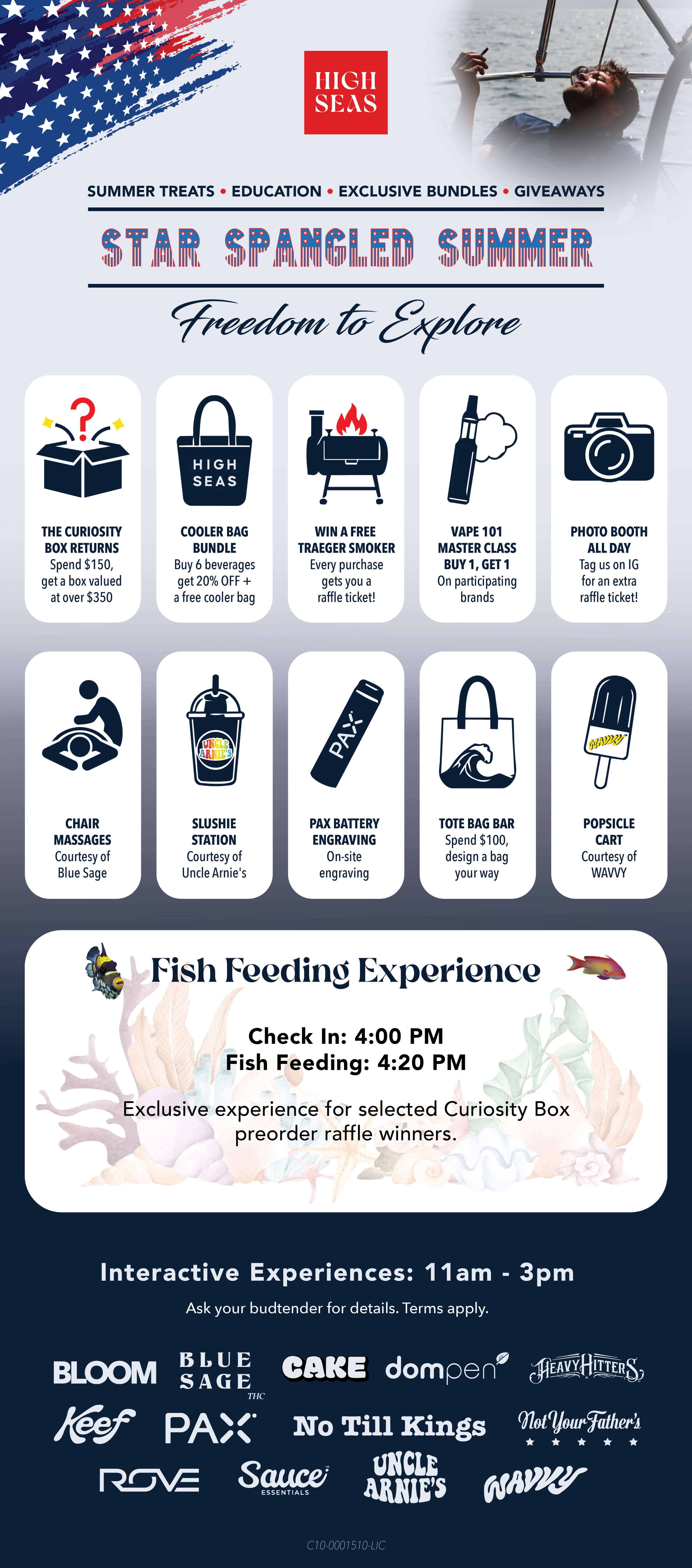 High Seas Star Spangled Summer event flyer promoting summer treats, education, exclusive bundles, giveaways, interactive experiences, and a fish feeding experience.