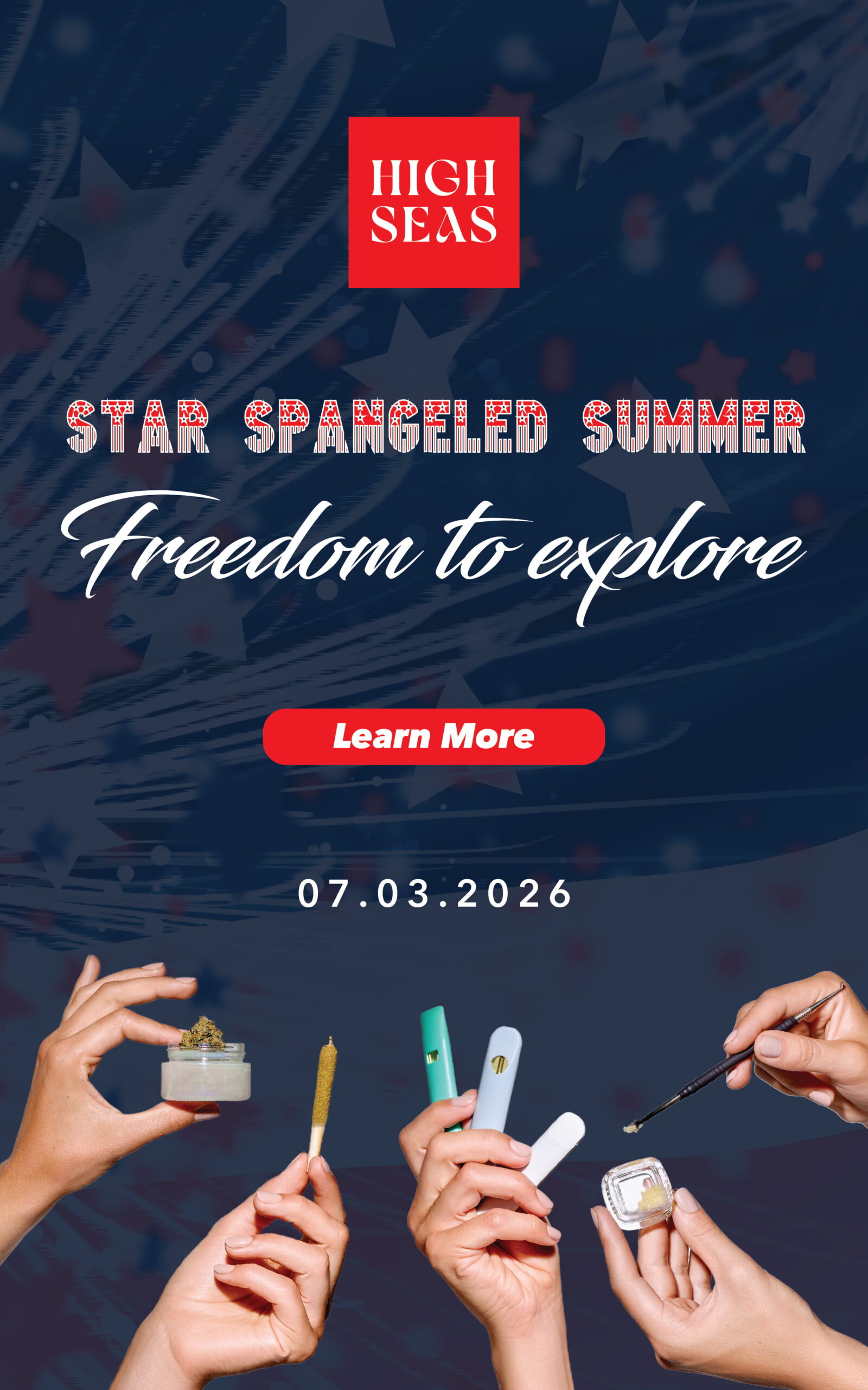 High Seas Star Spangled Summer banner promoting a July 3, 2026 event with a Learn More button.