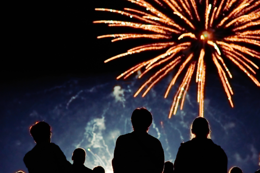 Silhouettes of people watching a fireworks display in the night sky