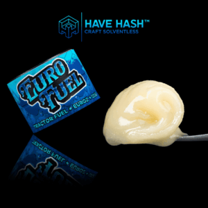 Have Hash Euro Fuel solventless concentrate with packaging and a concentrate sample.