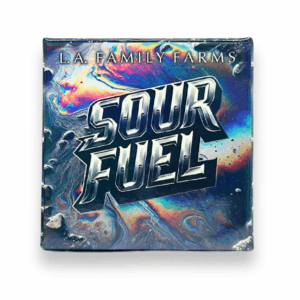 LA Family Farms Sour Fuel rosin package with colorful abstract artwork.