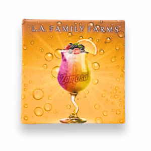 LA Family Farms Zamosa rosin package with a colorful fruit drink illustration.