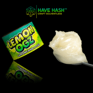 Have Hash Lemon OGZ solventless concentrate with packaging and a concentrate sample.