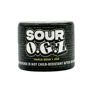 Black Sour O.G.Z Trilogy cannabis concentrate container on a white background.