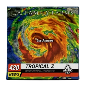 LA Family Farms Tropical Z cannabis concentrate package with colorful storm artwork.
