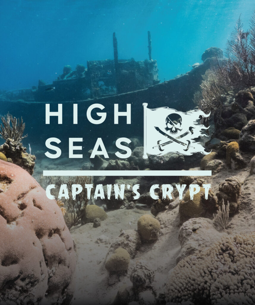 Captain’s Crypt event graphic featuring an underwater shipwreck and pirate flag.