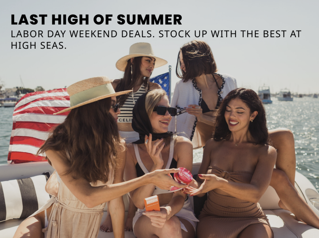 High Seas Last High of Summer banner showing five women socializing on a boat during Labor Day weekend