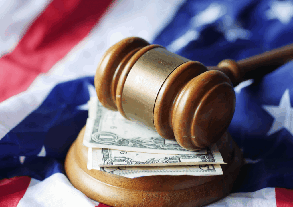 Wooden judge’s gavel resting on dollar bills with an American flag in the background